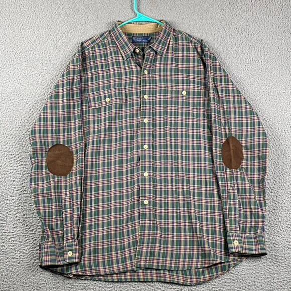 VTG Polo by Ralph Lauren Men's XL Plaid Shirt Elbow Patches Green Purple - Picture 1 of 10